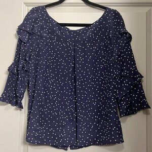 Maeve Anthropologie Navy Dot Washable Silk Ruffle Sleeve Blouse EUC